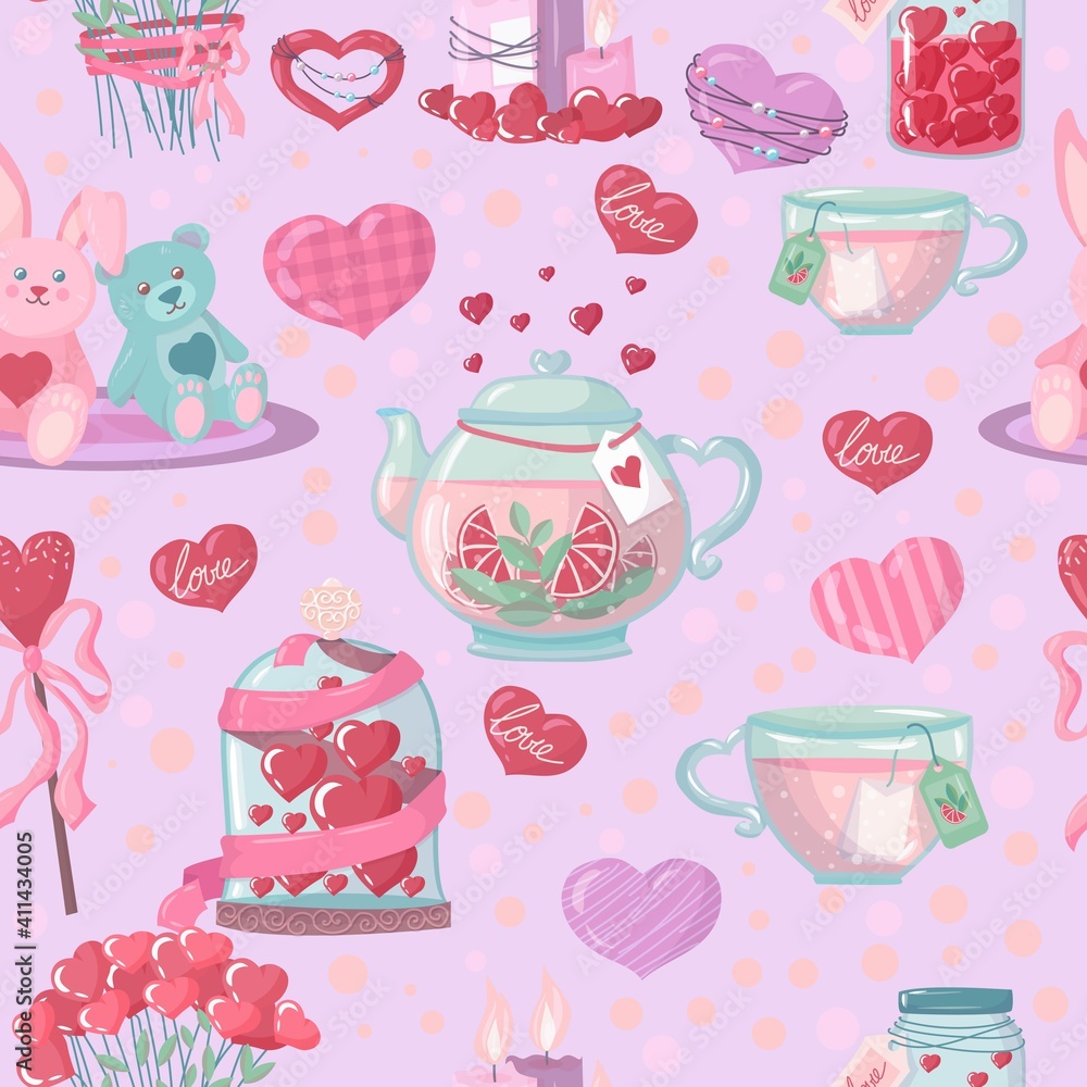 Romance and Valentine's Day. keys, letters with declarations of love and hearts. Seamless pattern of objects drawn in cartoon style vector illustration isolated on white background Romance and Valentine's Day. keys, letters with declarations of love and hearts. Seamless pattern of objects drawn in cartoon style vector illustration isolated on white background
