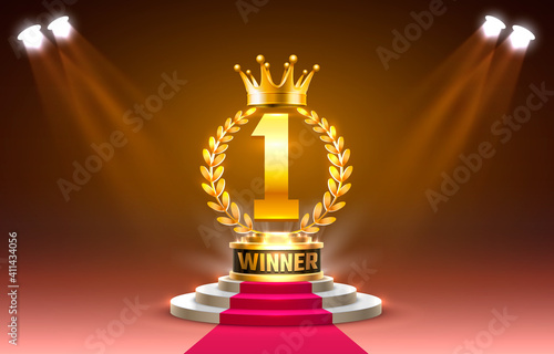 Winner Stage podium with lighting, Stage Podium Scene with for Award Ceremony on red Background, Vector