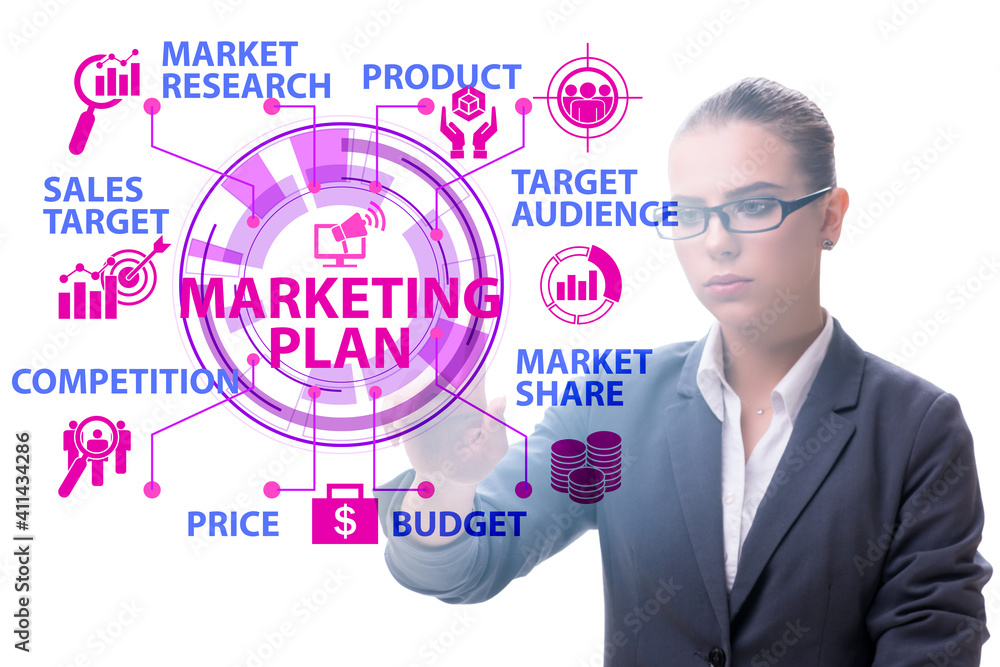 Marketing plan concept illustration with businesswoman Marketing plan concept illustration with businesswoman