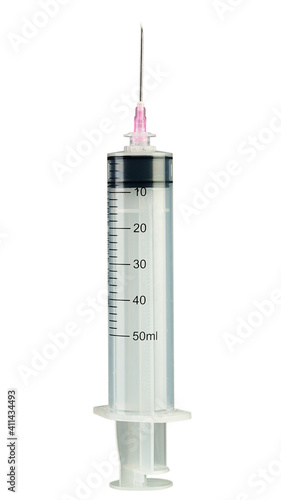 Syringe closeup isolated on white background. Medical equipment for vaccination and injection.