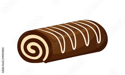 Chocolate roll with cream and vanilla, creamy topping. Sweet pastries. Fat, high-calorie, unhealthy food. Dessert, yummy treat, treat. Illustration in cartoon flat style. Isolated on white background