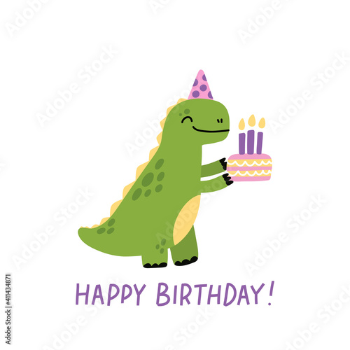 Funny character dinosaur or Tyrannosaurus with birthday cake. Cute T-Rex. The inscription: Happy Birthday! Colored vector illustration in scandinavian style.