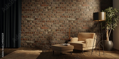 Living Room interior with velvet armchair and lamp and book. 3D rendering