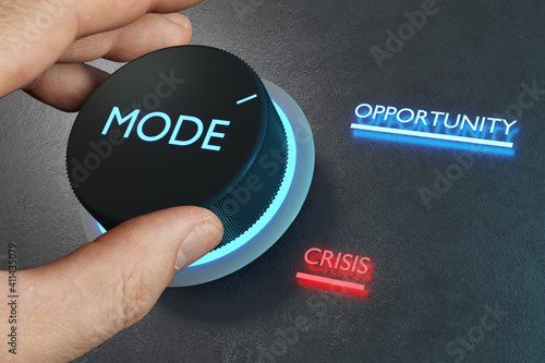 A knob to turn crisis into an opportunity. Business vision and strategy concept. 3D renderings