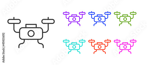 Black line Drone flying icon isolated on white background. Quadrocopter with video and photo camera symbol. Set icons colorful. Vector.