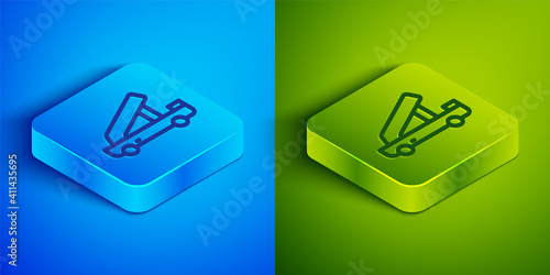 Isometric line Passenger ladder for plane boarding icon isolated on blue and green background. Airport stair travel. Square button. Vector.