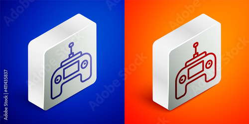 Isometric line Drone radio remote control transmitter icon isolated on blue and orange background. Silver square button. Vector.