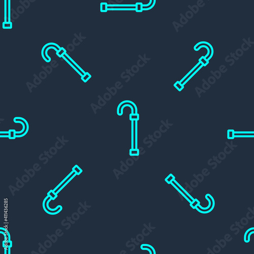 Green line Walking stick cane icon isolated seamless pattern on blue background. Vector.