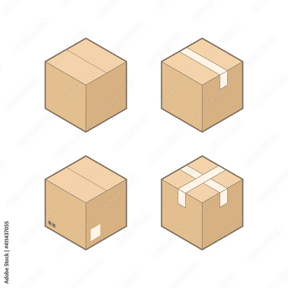 Set of four isometric cardboard boxes isolated on white background. Set of four isometric cardboard boxes isolated on white background.