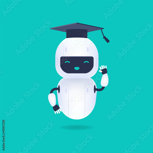 White friendly robot character. Graduated cute and smile AI robot wearing graduation cap. Machine learning concept.