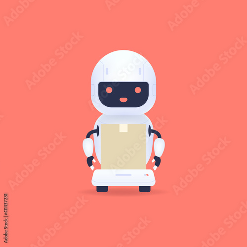 White friendly robot courier artificial intelligence technology. Delivery concept.