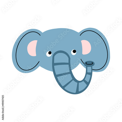 Funny and cute elephant head. Animal portrait in cartoon style. Flat vector illustration isolated on white background.