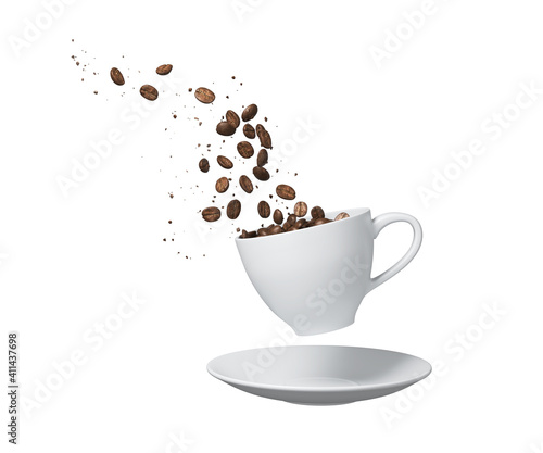 Roasted coffee bean spilling form a white cup
