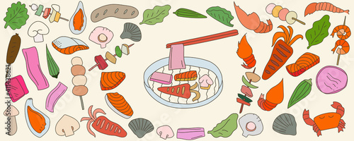 Hand drawn barbecue and seafood set. Vector illustration in doodle art style