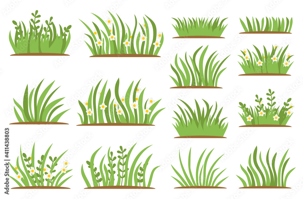 Green Grass flat icon set. Isolated on white background, Leaf borders, flower elements, nature background vector illustration. Green land concept for template design