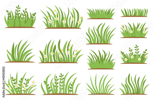Green Grass flat icon set. Isolated on white background, Leaf borders, flower elements, nature background vector illustration. Green land concept for template design