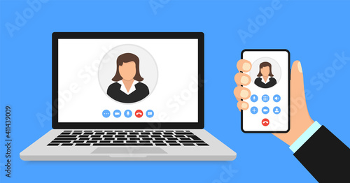 Video call on smartphone and laptop. Phone in hand in outgoing call on screen, computer with incoming call on screen. Online call. Video conference. Online meetings. Vector illustration. 10 EPS