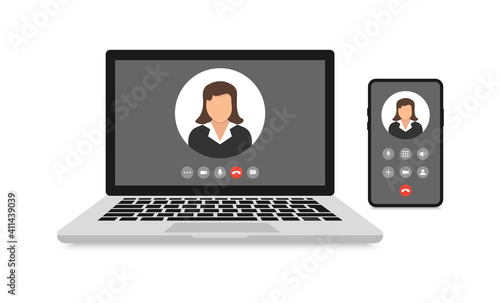 Video call on smartphone and laptop. Online call. Video conference. Interface for social communication app. Online meetings. Vector illustration. 10 EPS