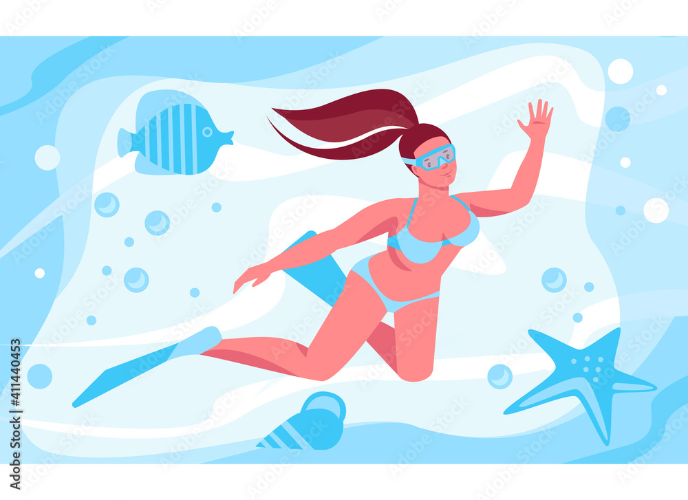 A girl in flippers and a mask swims in the depths of the ocean. Starfish, shellfish, fish. Vector illustration in flat cartoon style.
