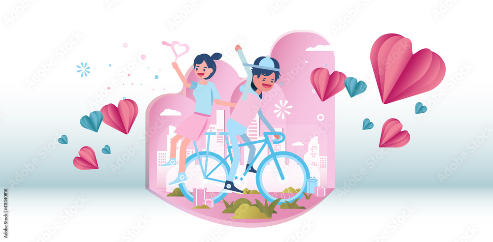 Cute young couple riding bicycles together with small heart shaped balloon design for valentines day festival vector paper craft style illustration