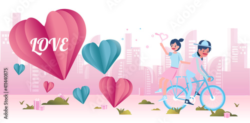 Young couple cycling happy together on pink paper abstract background with balloons heart and city view design for valentine's day festival .Vector illustration.paper craft style.