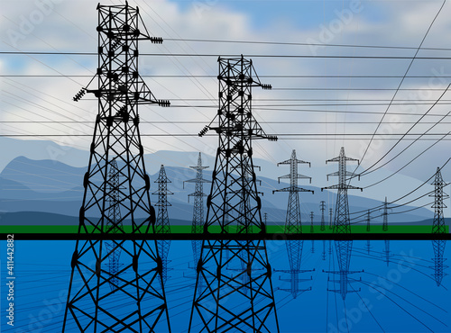 electric towers with reflections under blue sky