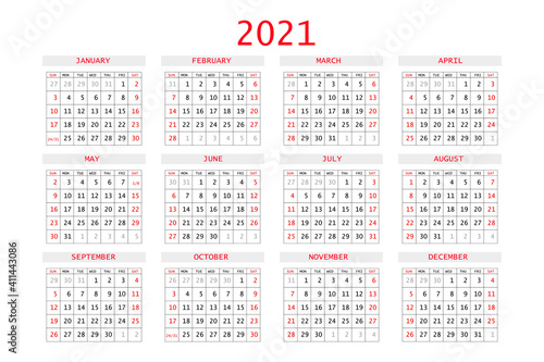 2021 calendar planner. Corporate week. Template layout, 12 months yearly, white background. Simple design for business brochure, flyer, print media, advertisement. Week starts from Sunday. A4 size.