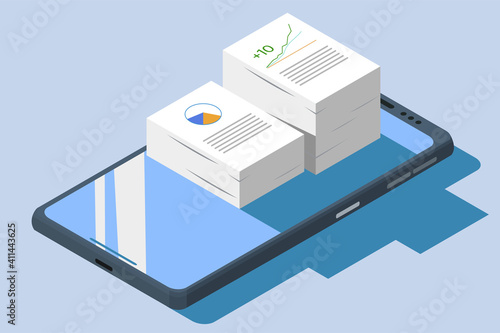 Isometric smartphone with stack of paper and stock analysis.concept