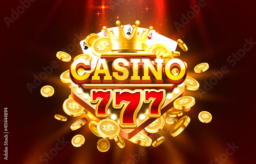 Casino free spin 777 label frame, golden banner, border winner, Vegas game. Vector