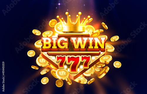 Big Win 777 label frame, golden banner, border winner, Vegas game. Vector