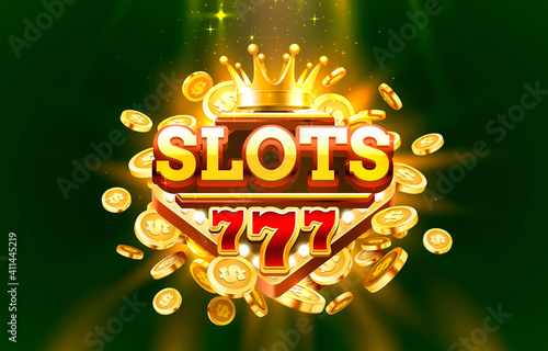 Slots 777 label frame, golden banner, border winner, Vegas game. Vector