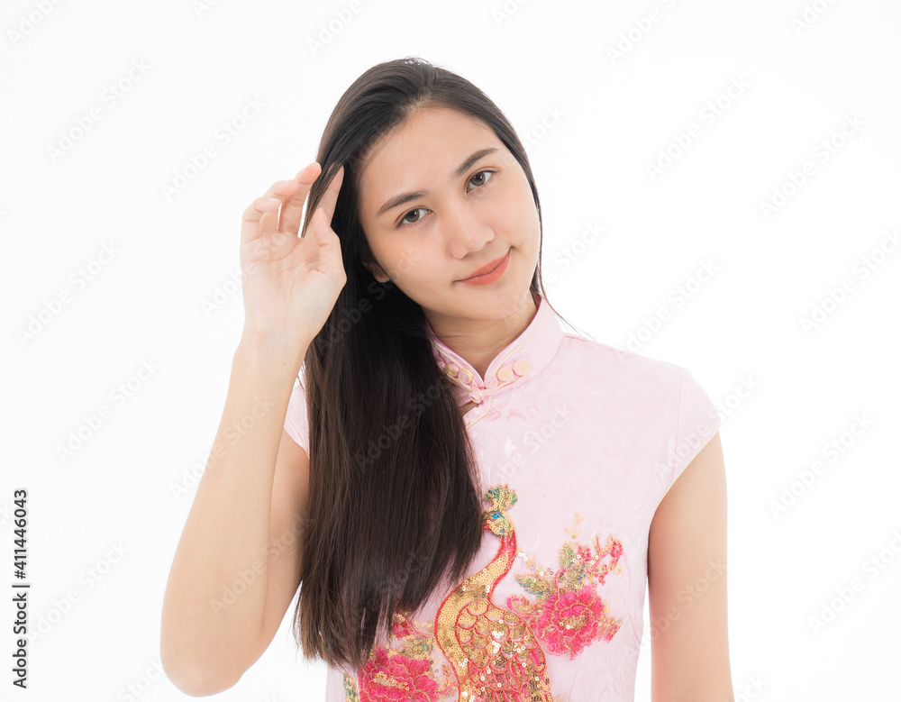 Portrait of Asian woman Thai-Chinese mixed race in native Chinese style clothe with smile face poses with self-confidence Portrait of Asian woman Thai-Chinese mixed race in native Chinese style clothe with smile face poses with self-confidence
