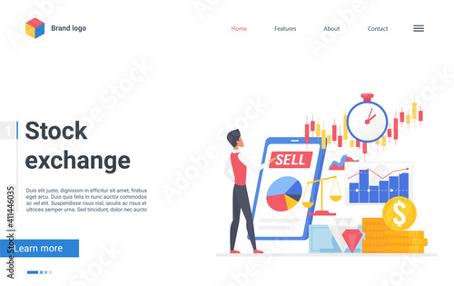 Stock exchange vector illustration. Cartoon marketer analyst man character monitoring financial stock market, trader analyzing index candlestick graph to sell or buy shares or equity landing page