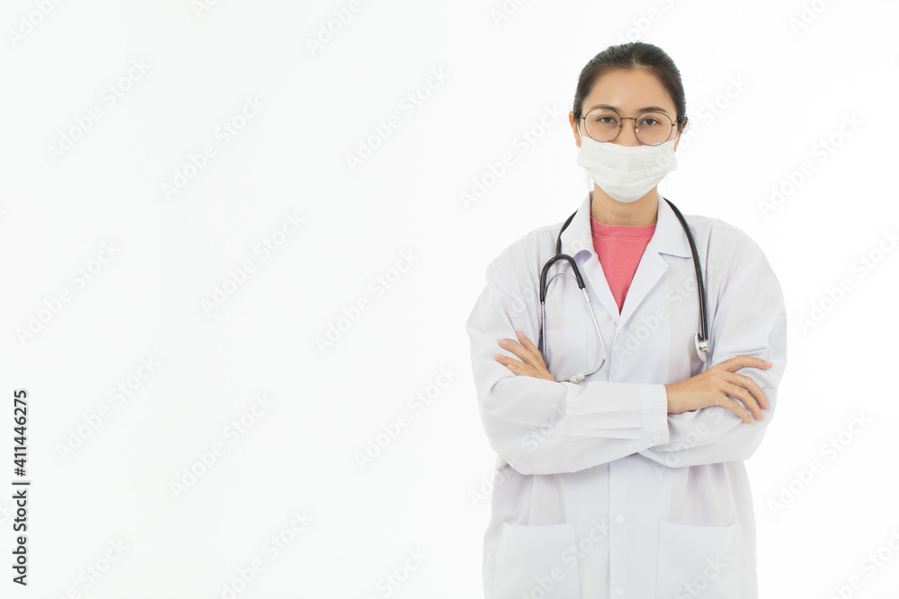 Portrait of Asian female doctor in white gown coat wearing eyes glasses standing and fold arms over chest isolated on white background Portrait of Asian female doctor in white gown coat wearing eyes glasses standing and fold arms over chest isolated on white background