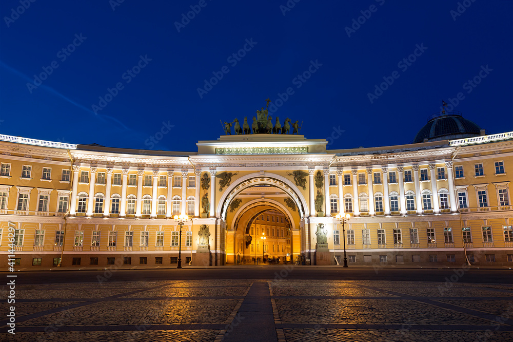 The General Staff building at night in St. Petersburg on a white night. Russia