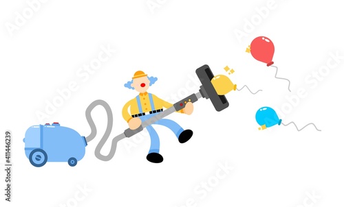 clown carnival and vacuum cleaner clean catch balloon cartoon doodle flat design style vector illustration