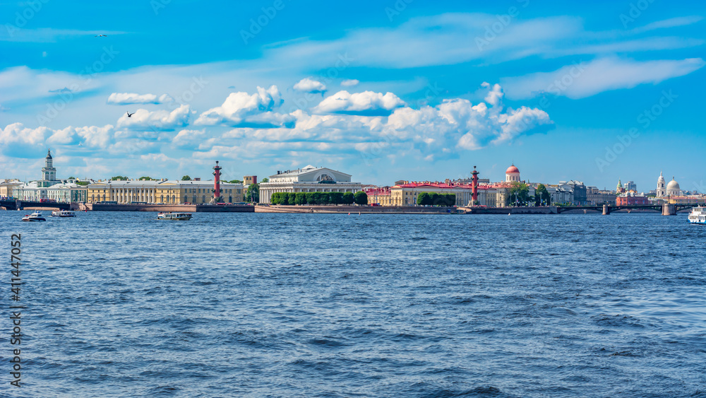 Saint Petersburg panorama with Old Stock Exchange building and Rostral columns on Vasilyevsky island, Saint Petersburg, Russia