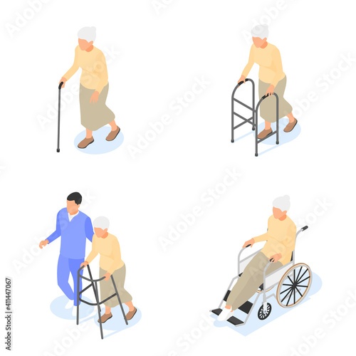 Group of elderly women with walking stick, walker and wheelchair isolated on a white background. Retirement, caring for the elderly.