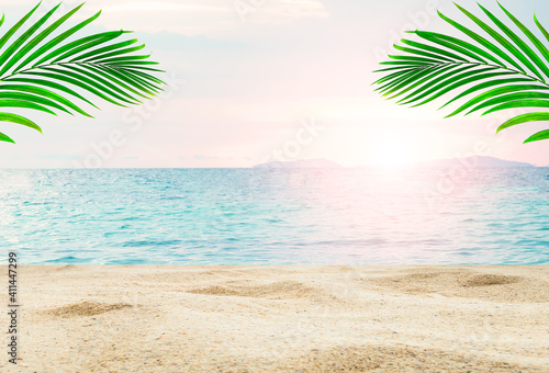 Top of wood table with blurred sea and palm tree background Concept Summer  Beach  Sea  Relax.