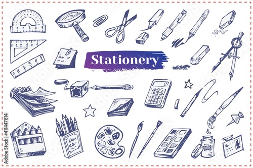 Stationery and school accessories hand drawn vector icons. Doodle illustrations of office supplies and tools