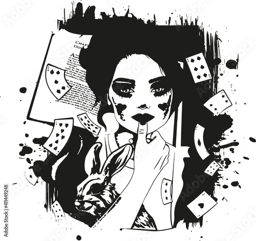 Alice in wonderland gothic vector black and white print