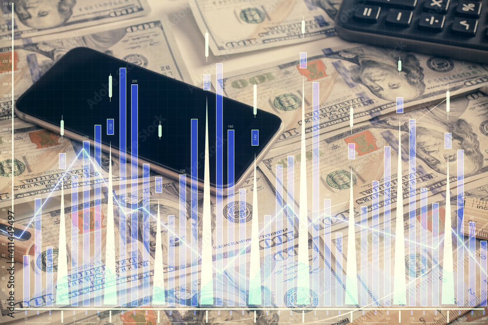 Double exposure of forex graph drawing over us dollars bill background. Concept of financial markets. Double exposure of forex graph drawing over us dollars bill background. Concept of financial markets.