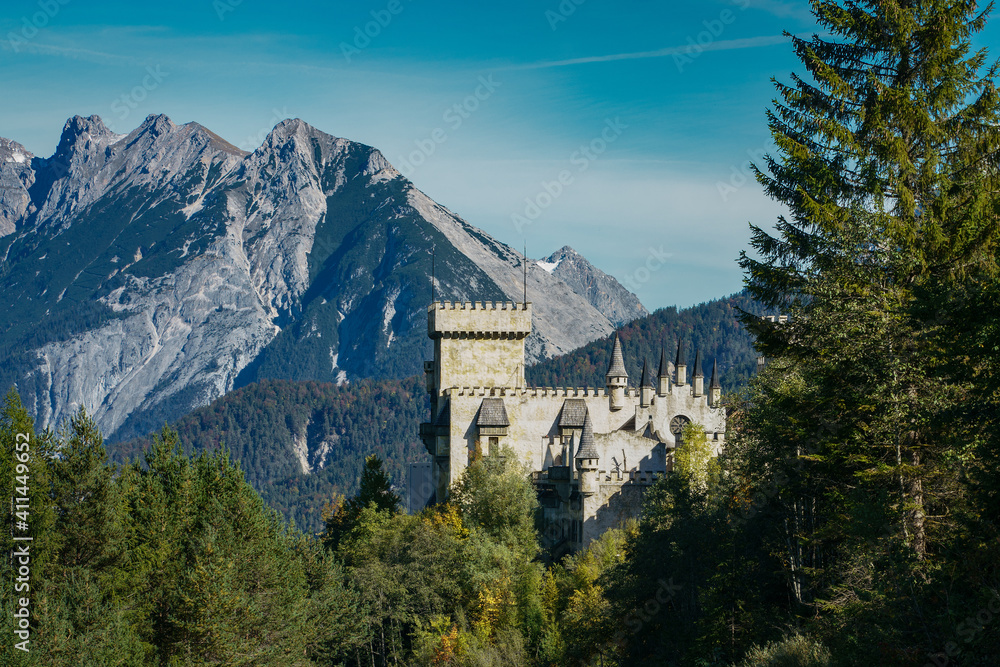 Seefeld, Austria- october 11, 2019: View the tyrolian alps panorama with magic castle Seefeld