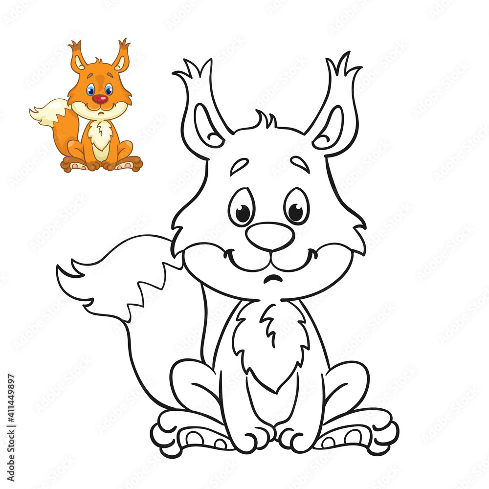 Little cute squirrel sitting. Black and white picture for coloring book with a colorful example. In cartoon style. Isolated on white background. Vector illustration. Little cute squirrel sitting. Black and white picture for coloring book with a colorful example. In cartoon style. Isolated on white background. Vector illustration.