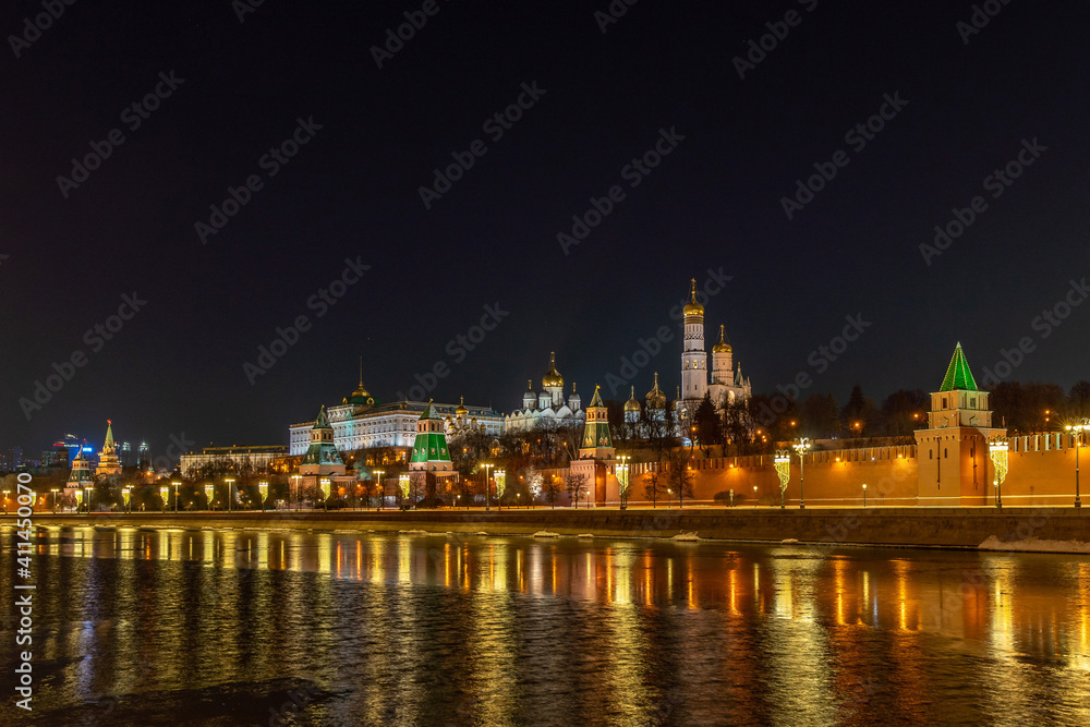 Night panorama of Moscow. View of the Moscow Kremlin from the river
