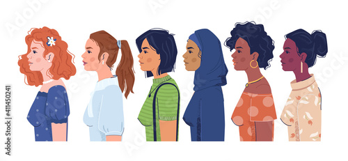 Women of different nationalities side view flat cartoon portraits. Vector multiculturalism, multiracial, feminism concept. Diverse of people, european, arabian and afro american girls, skin colors