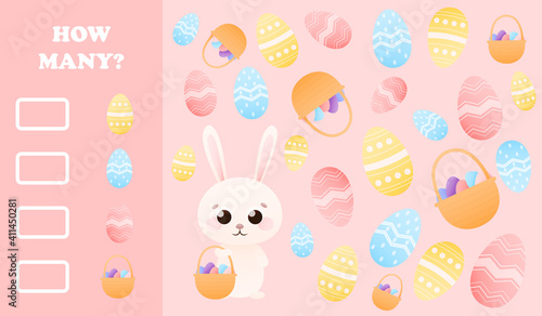Cute childish educational riddle with easter bunny holding basket with eggs on pink background, how many game for kids for children books or printable worksheets for school, kindergarden, easter theme
