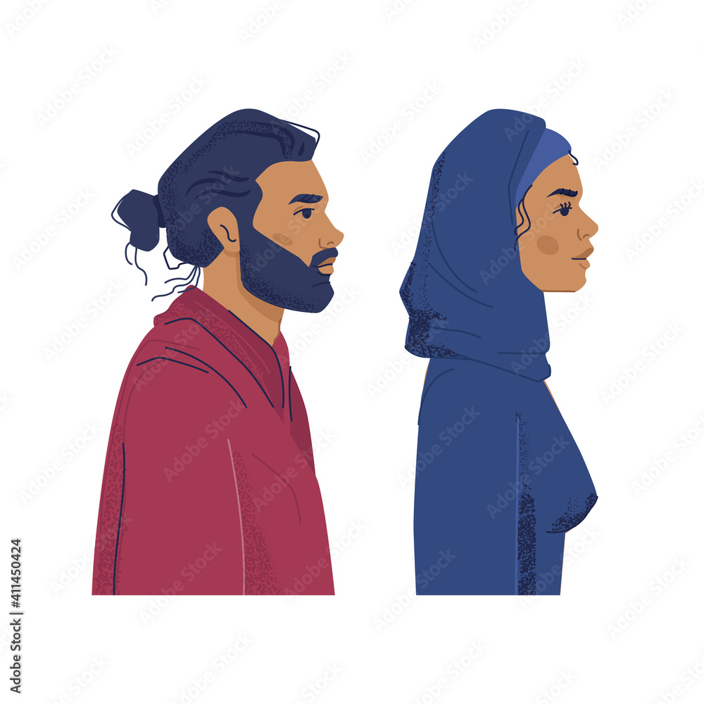 Muslim people profile portrait of diverse people. Man and woman wearing hijab, islam and arabic culture nationality. Multiethnic and multicultural diversity. Cartoon characters vector in flat