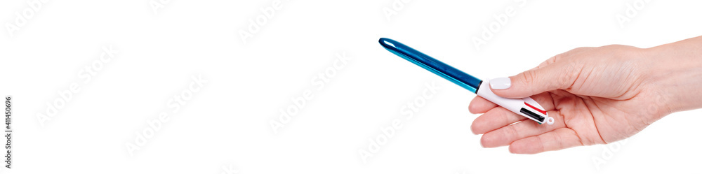 Hand with glossy ballpoint pen, isolated on white background. Hand with glossy ballpoint pen, isolated on white background.