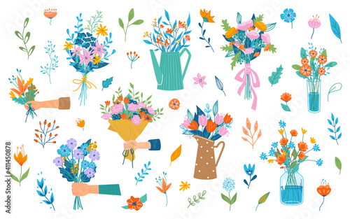 Hand holding or giving blooming bouquet of flowers, spring blossom and flourishing. Florist composition for holiday celebration. Flora in vase, decorative branches. Vector in flat cartoon style